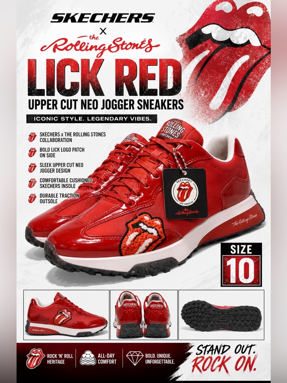 Skechers x Rolling Stones Lick Red Upper Cut Neo Jogger Sneakers Size 10